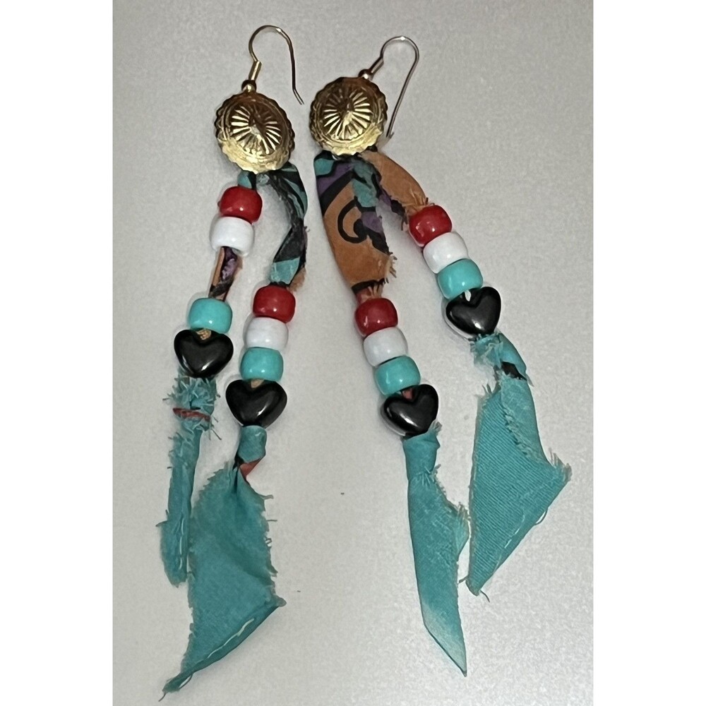 Vintage 70s Dangle Earrings Pierced Medallion Heart Bead Western Southwestern